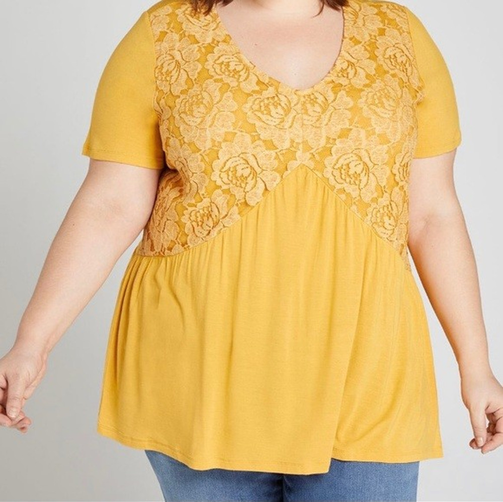 Lane Bryant Top 18 20 Yellow Lace Detail Swing Tee Short Sleeve V-Neck